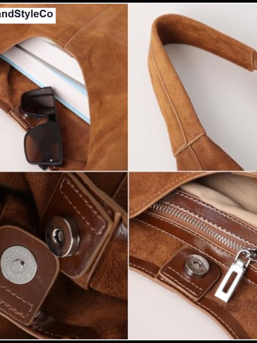 Genuine Suede Leather Oversized Hobo Shoulder Bag with Detachable Zip Pouch - Picture 3 of 6